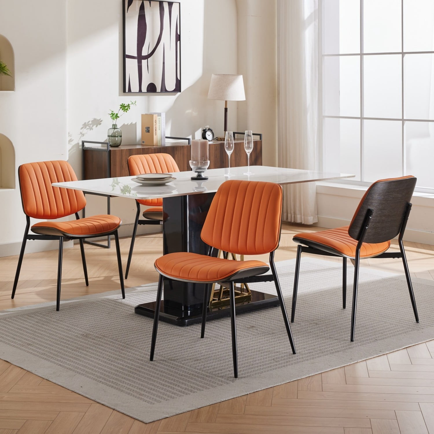 Dining Chairs Set of 2 Mid Century Modern Retro Faux Leather Chairs with Walnut Bentwood Back Upholstered Seat Metal Legs Adjustable Foot Pads Kitchen Dining Room Chairs, Orange