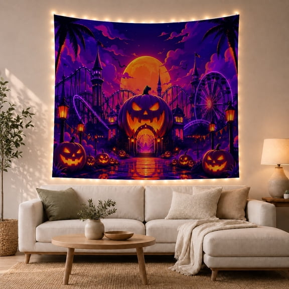 Pumpkin Lantern Entrance in Neon Amusement Park, Spooky Gothic for Halloween Decor Lovers, Pumpkin Wall Art, Halloween Gift, Tapestry Wall Hanging for Bedroom and Entryway
