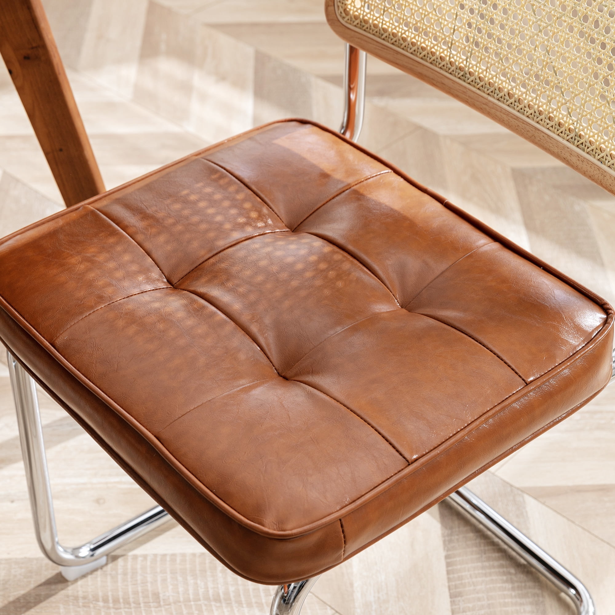 Zesthouse Rattan Dining Chairs Set of 2, Faux Leather Dining Chair with Cane Back and Chrome Legs, Mid-Century Modern Upholstered Kitchen Side Chairs for Dining Living Room, Brown