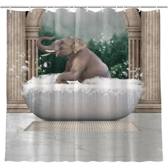 Funny Elephant Shower Curtain for Bathroom, Palace Animal Cute Elephant Bath Waterproof Home Bathtubs Curtain Decor Durable Fabric with 12 Hooks, 72x72 inches