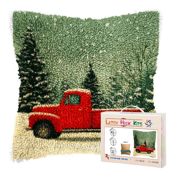 Latch Hook Pillow Kits for Adults Merry Christmas Red Truck DIY Pillow Cover Printed Pillowcase Crochet Yarns Hooking Handmade Cushion for Home Sofa Decor 17x17inch(3)