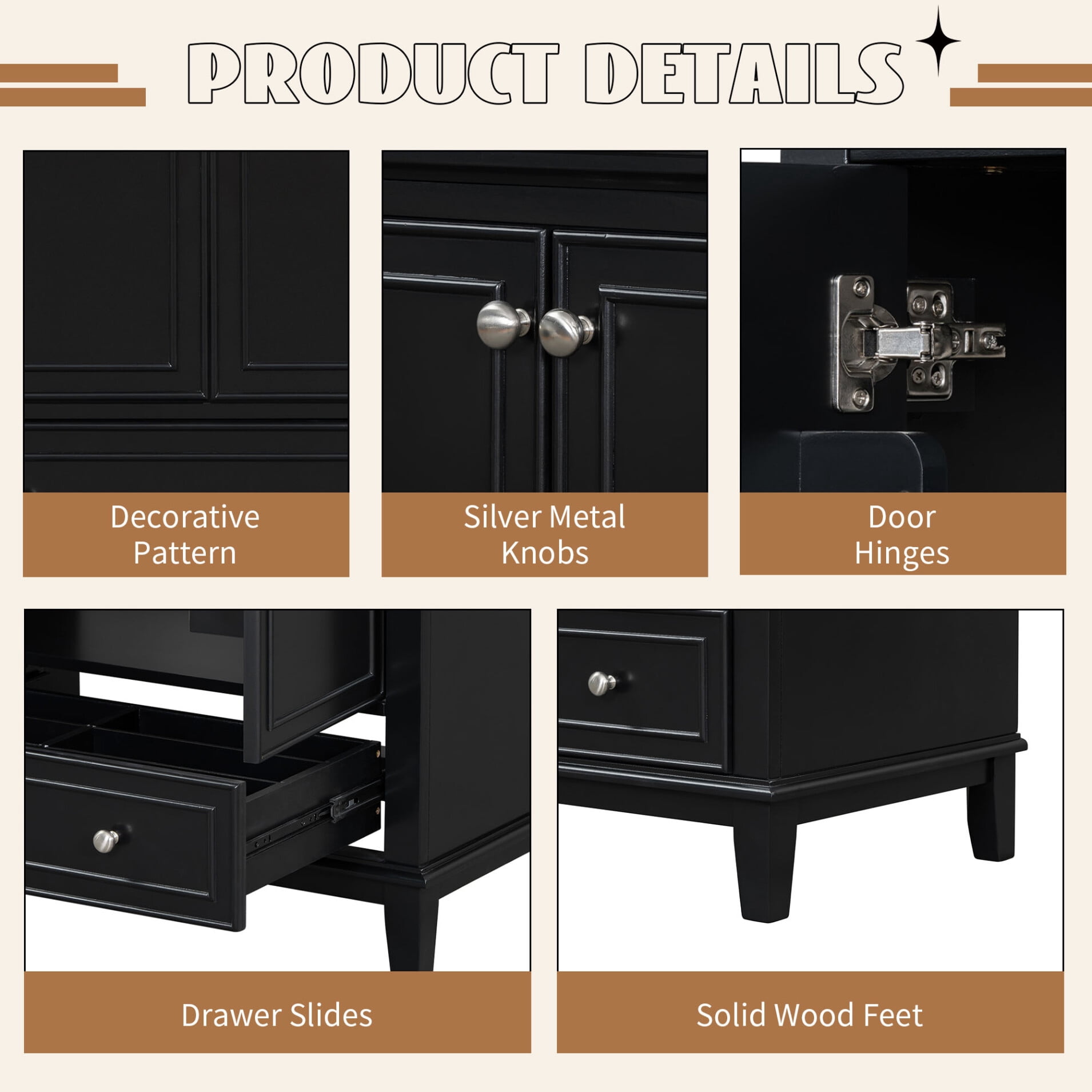 30" Bathroom Vanity with Single Sink Combo, Modern Undermount Bathroom Sink Cabinet, Wood Bathroom Dresser Storage Cabinet with Doors and Drawer, Black