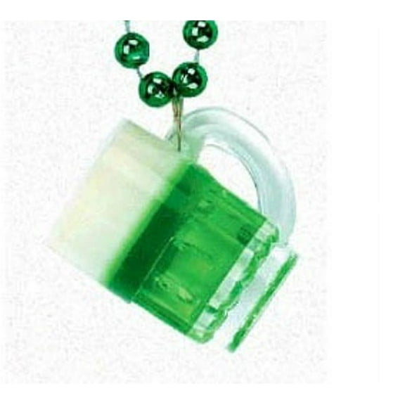 Foamy Beer Mug on Green Mardi Gras Bead Necklace St Patrick's Day