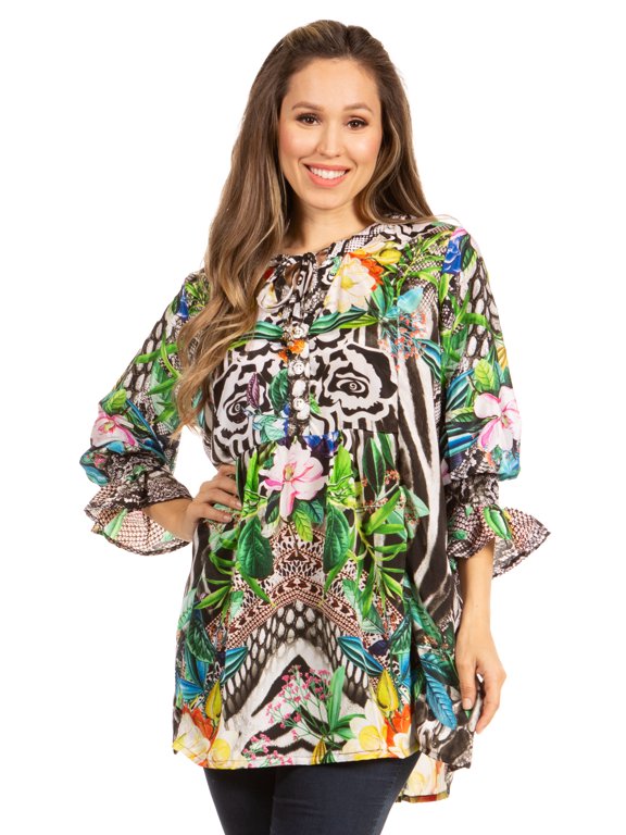 Elvira Women's Loose Long Sleeve Swing Top Tunic Blouse Floral Scoop Neck - 597-Green - S/M