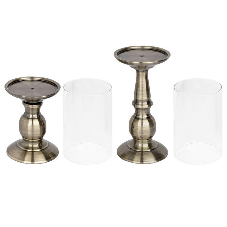 Koyal Wholesale Antique Brass Metal Pillar Candle Holders  Rustic Candle  Holder, Hurricane Glass Included, Set of 6 