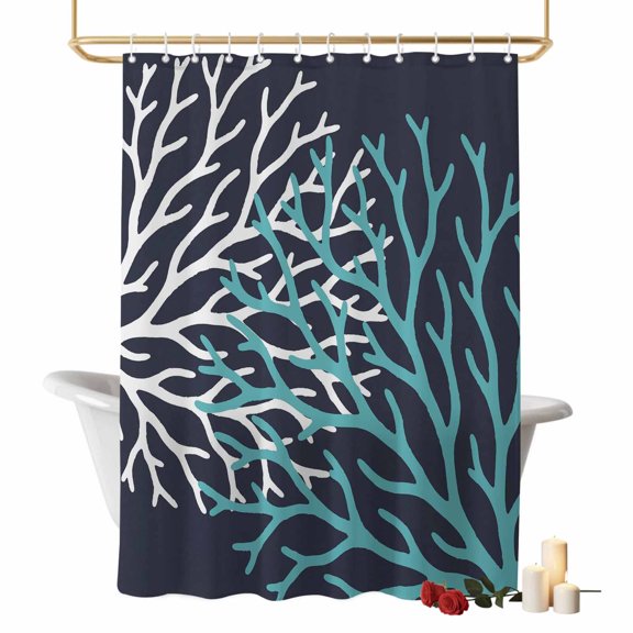 Navy Blue Ocean Coral Bathroom Shower Curtains with Hooks, Summer Coastal Nautical Sea Teal White Coral Waterproof Fabric Washable Shower Curtain for Home Hotel Bathtub Decor 60x72 Inch