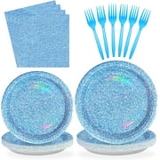 96 PCS Blue Party Supplies 350 GSM Holographic Rainbow Blue Plates and Napkins Tableware Set Iridescent Blue Party Decorations for Winter Birthday Party Wedding Anniversary Bridal Baby ShowerServe 24