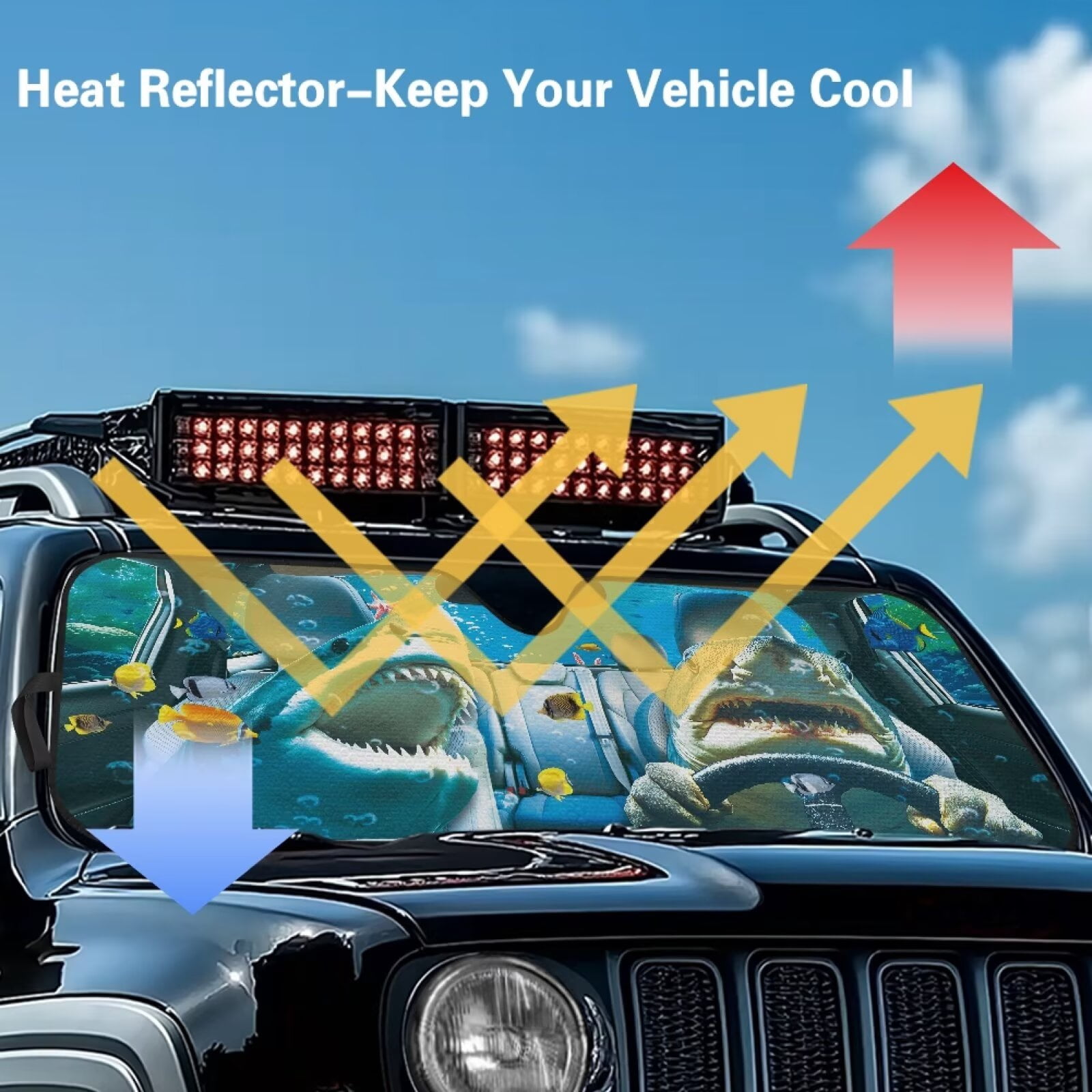 Binienty Shark Funny Windshield Sun Shade Compatible with Jeep Wrangler, Gladiator, FJ Cruiser Auto Window Shades Front Windshield Sunshade Automotive Sun Protection Visors