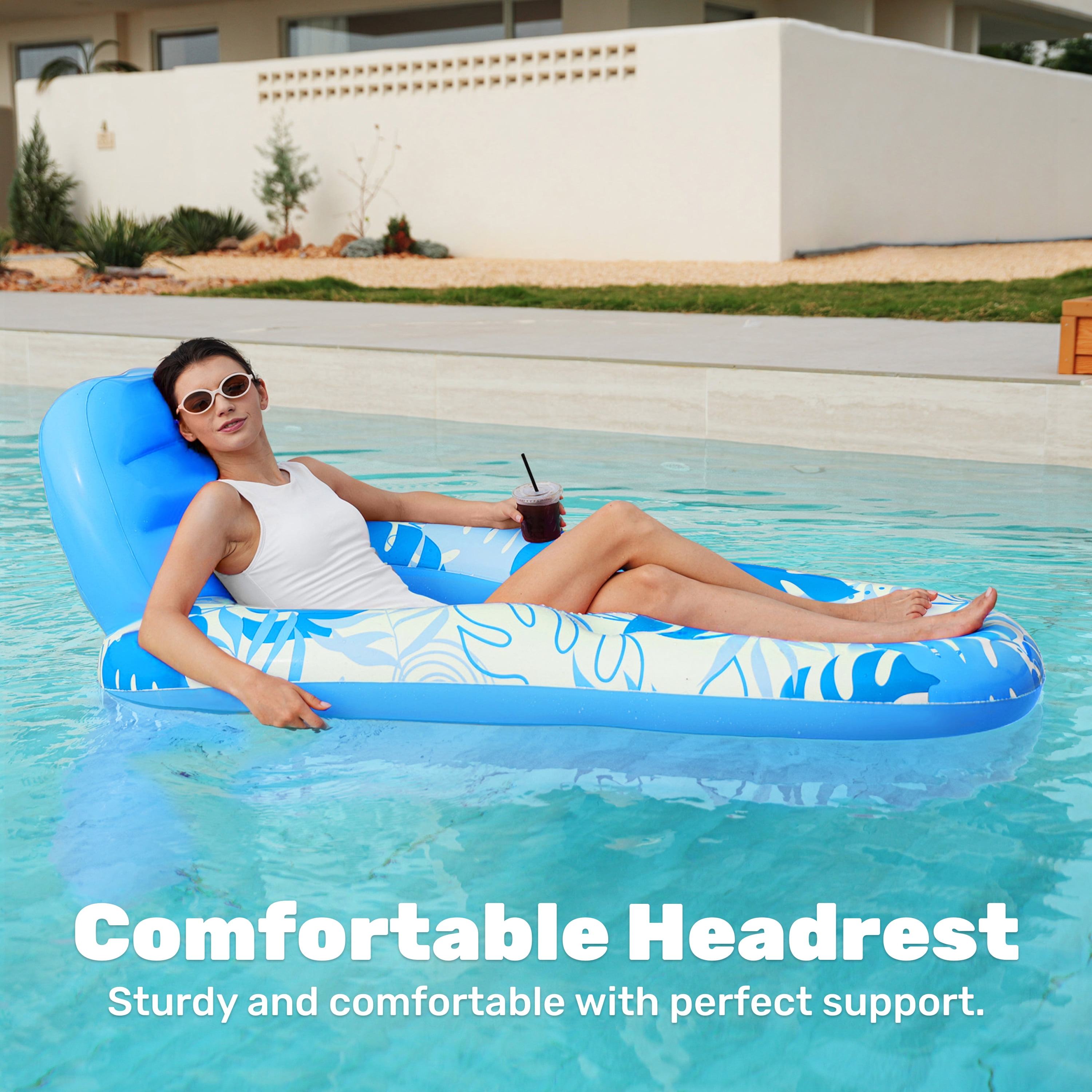 Joyfy Pool Lounge Float Adult, Inflatable Pool Floats Lounger Raft Floaties Water Floating Recliner Chair with Cup Holders Foot Rest Swimming Pool Floaty