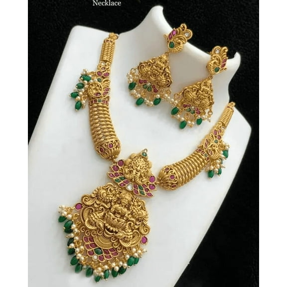 Traditional Temple Jewelry Set for Women – Antique Gold Plated Necklace with Earrings