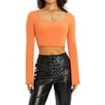 thumbnail image 6 of LSFYSZD Women´s Flare Long Sleeve Crop Tops, Solid Color Ribbed Square Neck Lettuce Hem Show Navel T-Shirts, 6 of 9