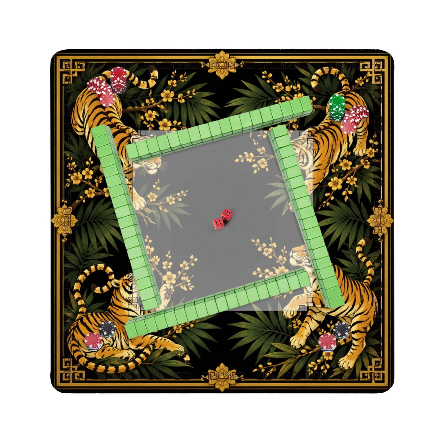 Mahjong Mat 31.5" x 31.5" Golden Tigers Tropical Leaves Blossoms Black Non-Slip Noise Reduction American Mahjong Tiles Table Cover for Dominoes Poker Card Board Games Gift