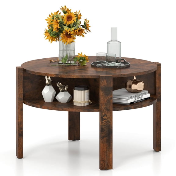 Round Coffee Table 29.5" Center Table with Storage Shelves for Living Room Rustic Brown