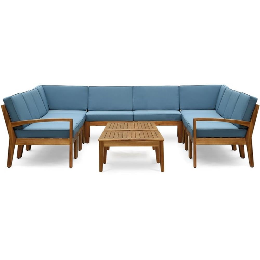 Wilcox Outdoor 12 Piece Sectional Sofa Set with Cushions, Teak, Blue
