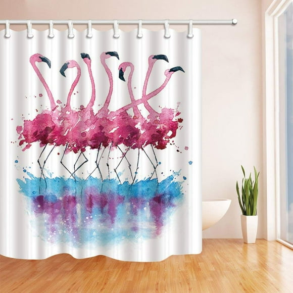 RYLABLUE Flamingo Drawing Decor Watercolor Flamingos Dancing with Reflection in the Lake Blue Polyester Fabric Bathroom Shower Curtain 66x72 inches