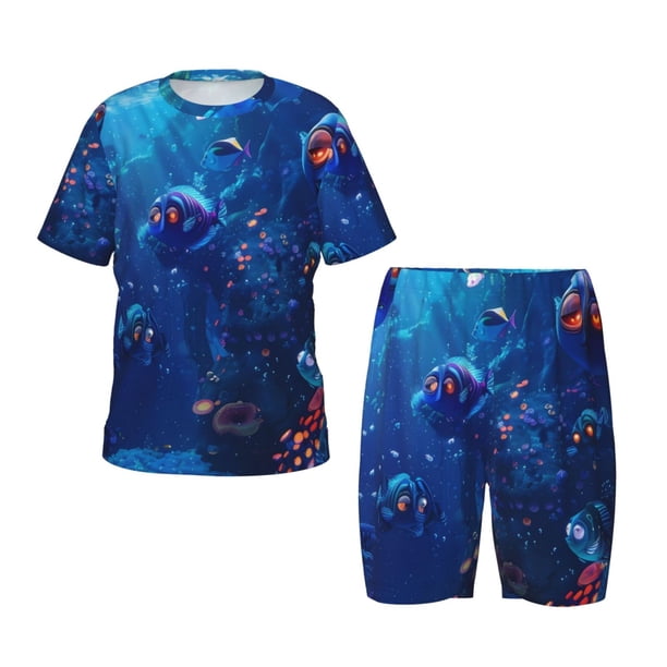 Fotbe Deep Sea Glowing Fishes Pijama Estampada de 2 Piezas para Niños – Ropa de Dormir de Manga Corta Cómoda para Niños y Niñas, Camiseta y Shorts de Algodón-4X-Large