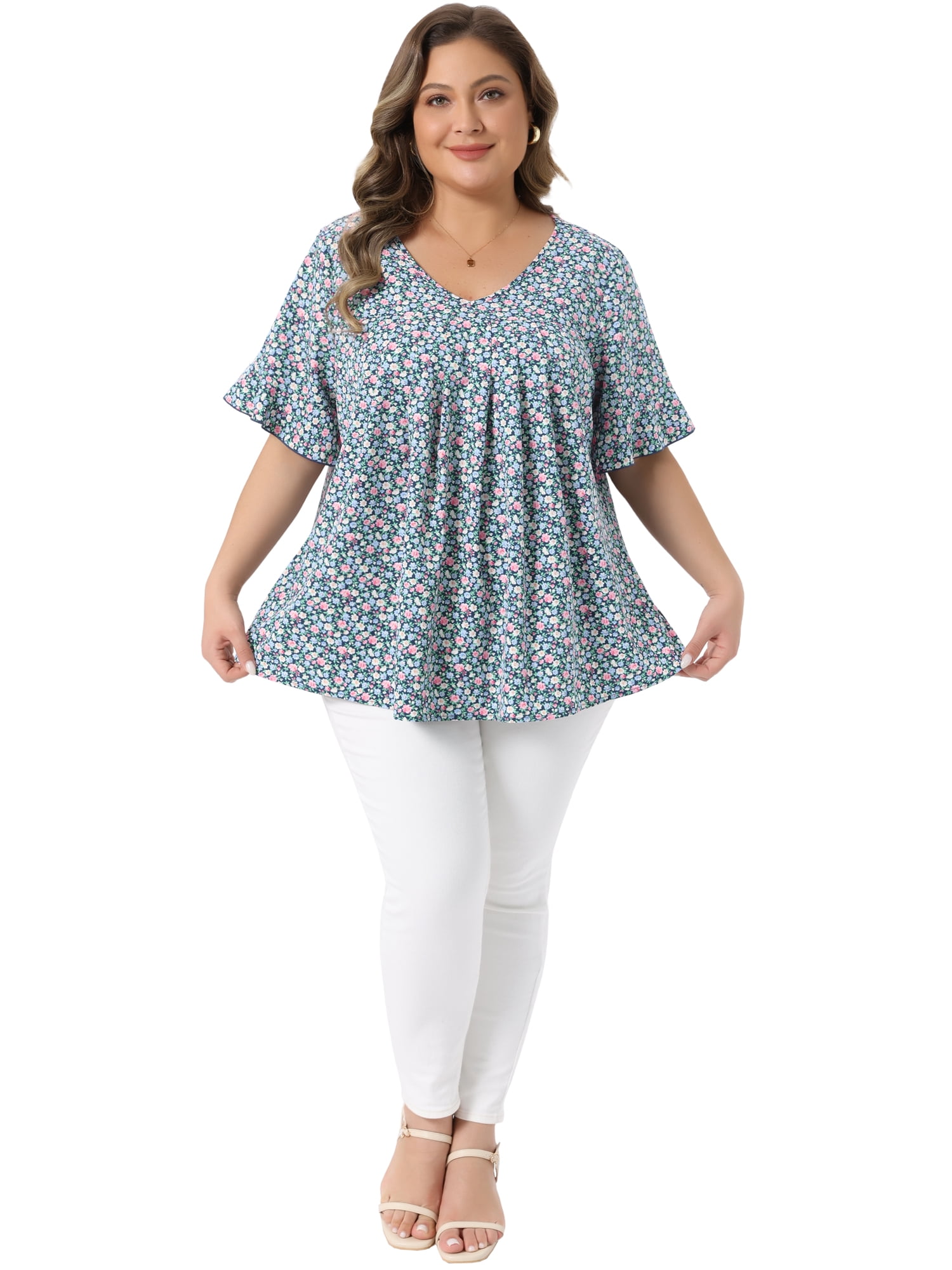 Women's Plus Tops V Neck Flared Sleeve Ditsy Floral Pleated Casual Summer Blouses 3X Dark Green