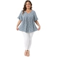 thumbnail image 3 of Women's Plus Tops V Neck Flared Sleeve Ditsy Floral Pleated Casual Summer Blouses 1X Dark Green, 3 of 6