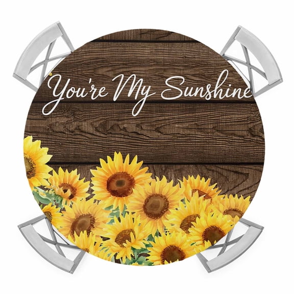 Elastic Fitted Round Tablecloth, Sunflowers Waterproof Stretch Table Cover for 55"-60" Tables, Wooden Yellow Summer Botanical Elegant Pastoral Washable Outdoor Tablecloths for Patio, Picnic, Camping