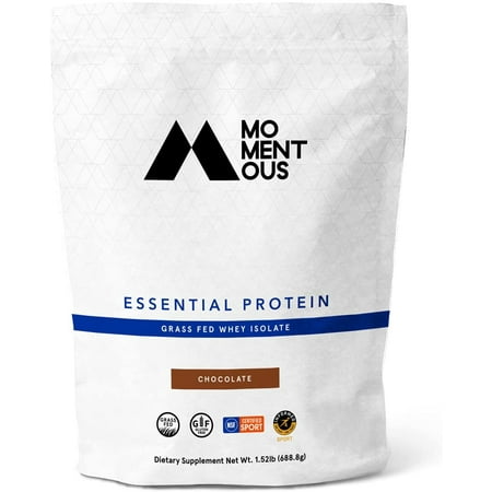 Momentous Essential Grass-Fed Whey Protein Isolate  24 Servings Per Pouch for Essential Everyday Use  Gluten-Free  NSF Certified (Chocolate)
