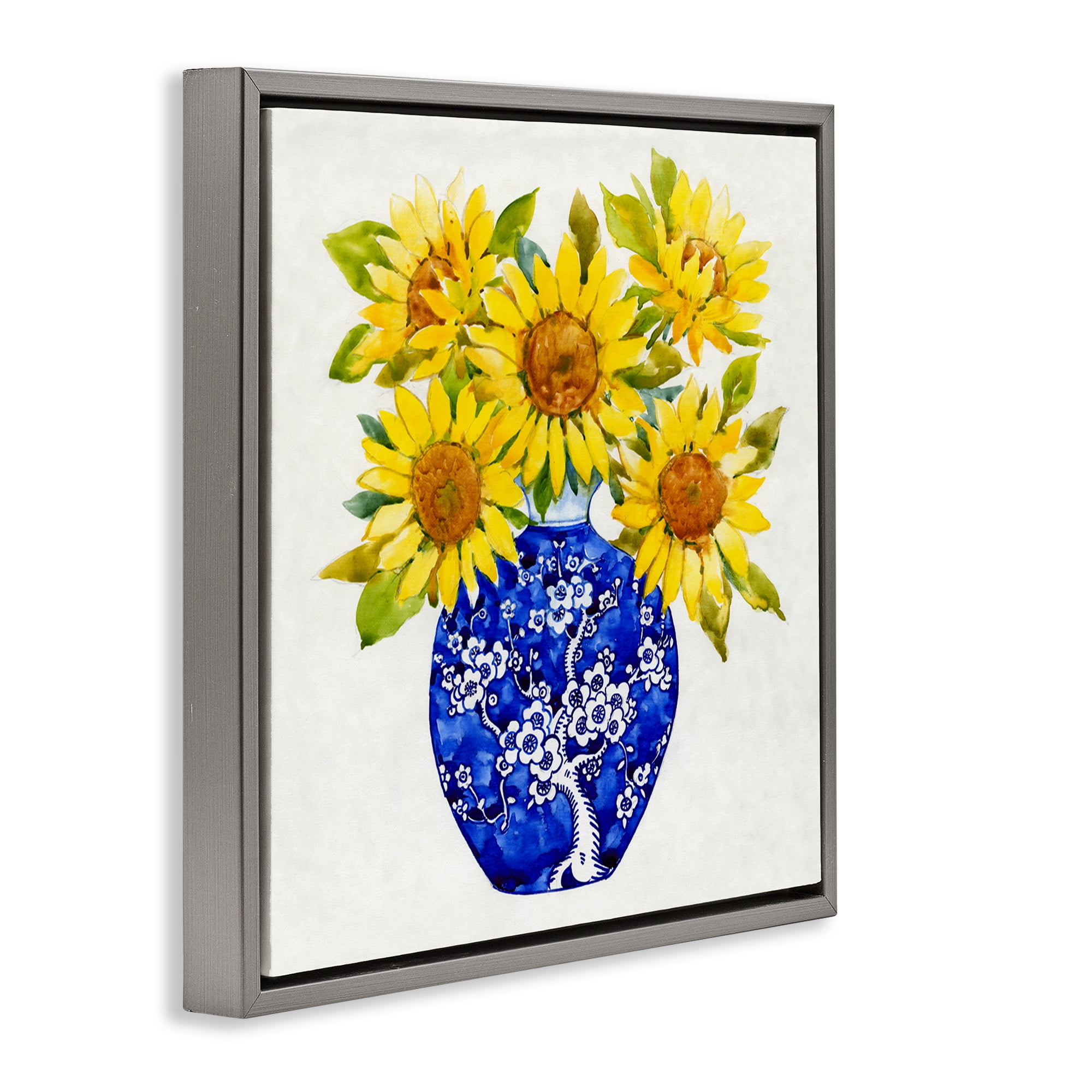 Stupell Industries Watercolor Sunflower Bouquet Botanical & Floral Painting Gray Floater Framed Canvas Art Print Wall Art, 25 x 25