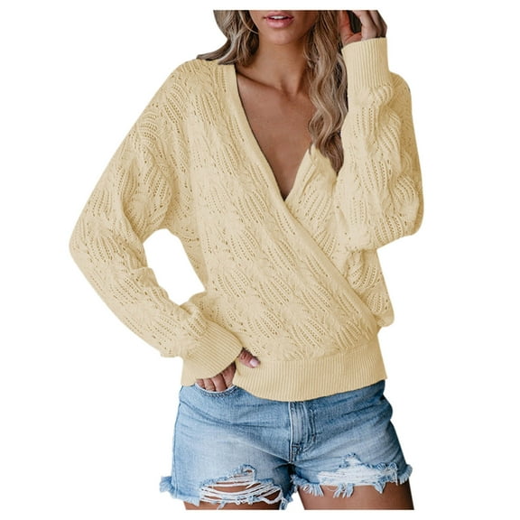 JINMGG V Neck Sweaters for Women Fall Winter Clearance,Ladies Fashion Knitted Color Long Sleeve Hollow Sweater