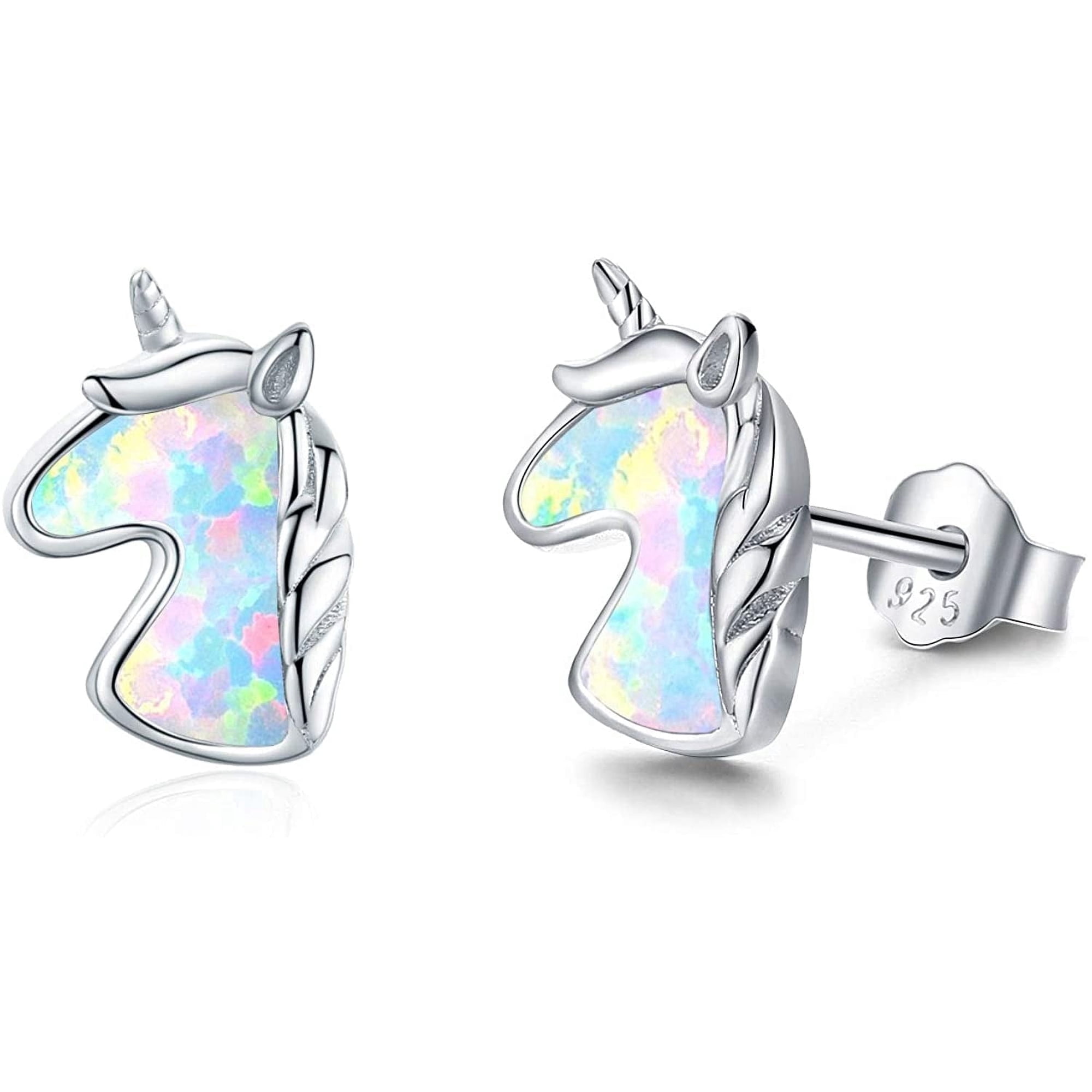 Coachuhhar Unicorn Earrings for Women 925 Sterling Silver Hypoallergenic Opal Unicorn Stud Earrings Cute Animal Earrings Opal Jewelry Gifts for Unicorn Lover