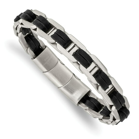 Primal Steel Stainless Steel Brushed with Black PU Leather with 0.5 Inch Extension 7.75 Inch Link Bracelet