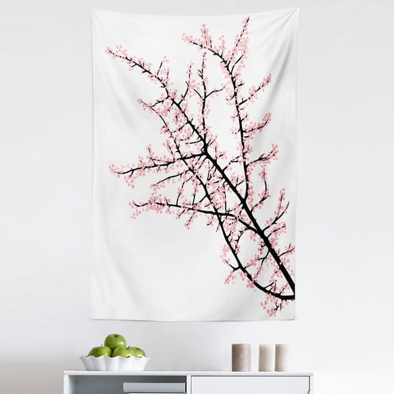 Flower Tapestry, Cherry Branch with Pink Blossom Traditional Style Illustration Asia Culture Themed, Fabric Wall Hanging Decor for Bedroom Living Room Dorm, 5 Sizes, Pink Black, by Ambesonne