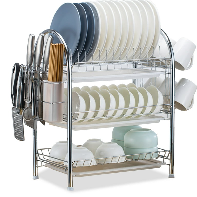 1pc Dish Drying Rack, 3-Tier Large Dish Bowl Racks For Kitchen Countertop,  Detachable Large Capacity Dish Drainer Organizer With Utensil Holder, Cup H