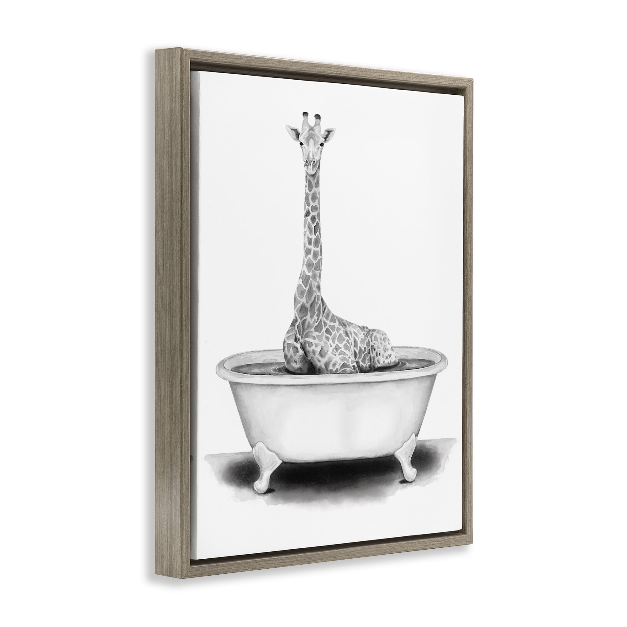 Stupell Industries Giraffe In Tub Funny Animal Bathroom Animals & Insects Painting Brown Floater Framed Canvas Art Print Wall Art, 17 x 21
