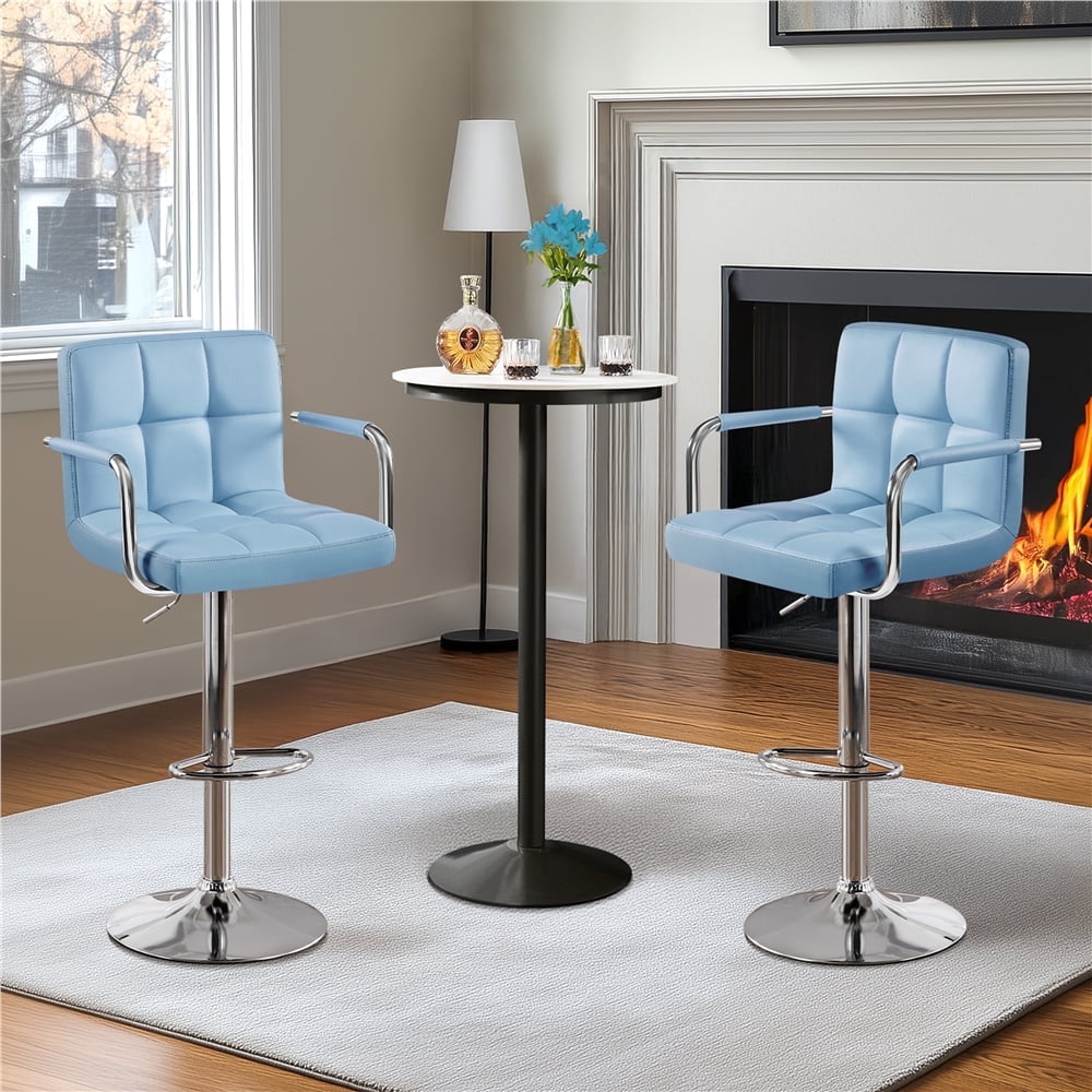 Yaheetech PU Leather Bar Stools with Large Steel Pedestal Base, Set of 2, Blue