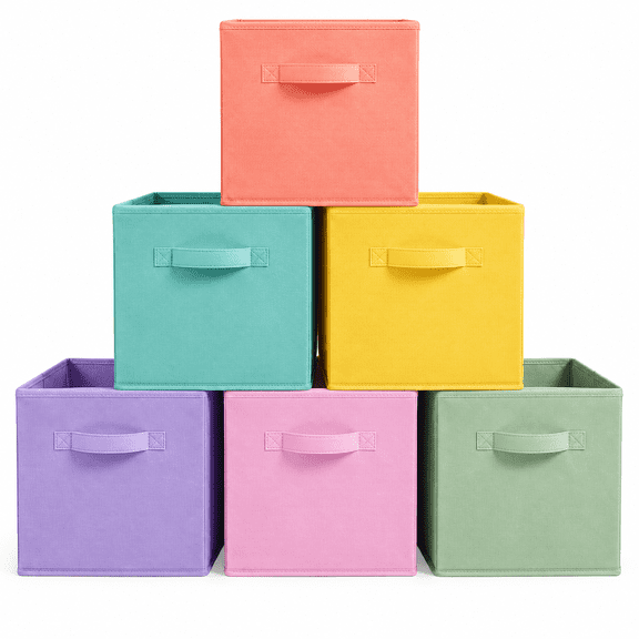 Truelife Collapsible Fabric Storage Bins, 6 Pack, 10.5" Cube, Multicolor - Sturdy Closet Organizer Baskets for Shelves, Toys, Books