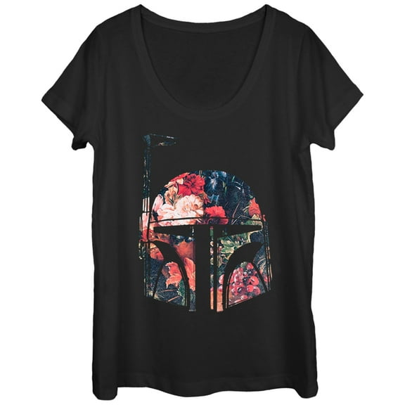 Women's Star Wars Boba Fett Floral Print Helmet Scoop Neck Black 2X Large