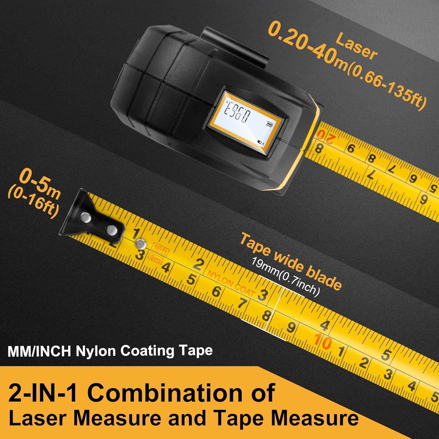PREXISO 2-in-1 Laser Tape Measure, 135 ft Laser Measurement Tool & 16 ft Measuring Tape with Auto Lock & Movable Magnetic Hook - Pythagorean, Area, Volume-NOT Digital