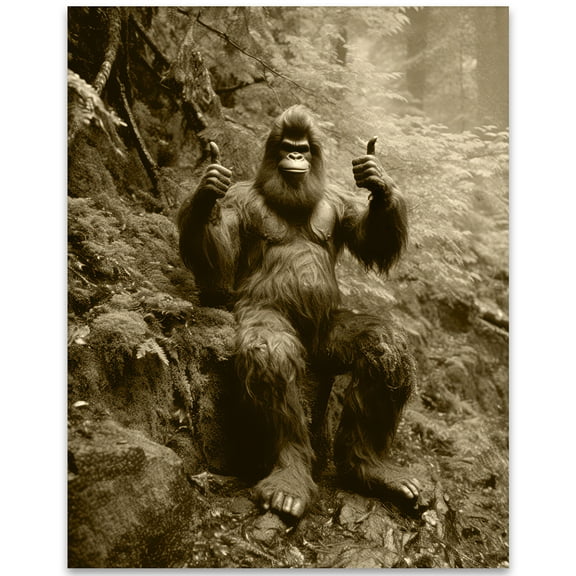 Vintage Big Foot Sasquatch Posing for Photo Friendly Smile With Two Thumbs Up Funny Photograph Art Poster Unframed 11x14 Print - Is It Real - Weird, Bizarre, Strange, Oddities, Unusual, Freaky,