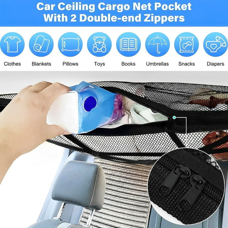 Car Ceiling Cargo Net Pocket Space Saving Auto Roof Cargo Storage Net with  2 Hooks Large Capacity Car Roof Organizer Adjustable Double Layer Mesh  35.43×25.59inch for Most Cars 