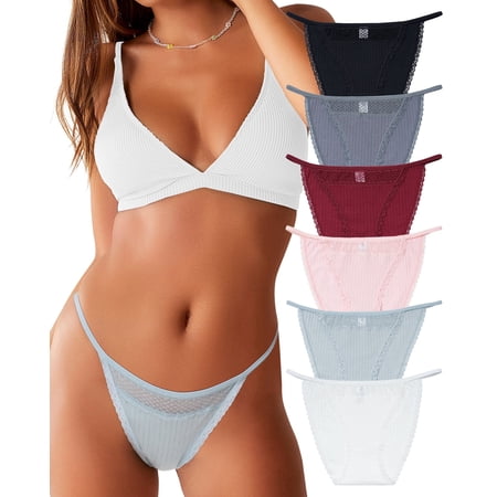 Aijolen Women's Cotton Underwear 6 Pack High Cut String Bikini Panties Lace Cut Out Cheeky Stretch No Show(S,Dusk Clouds)