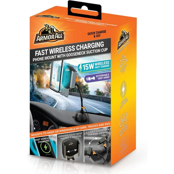 Armor All Universal 15W Fast Wireless Car Charger Mount with Gooseneck Suction Cup Base, 3ft Cable