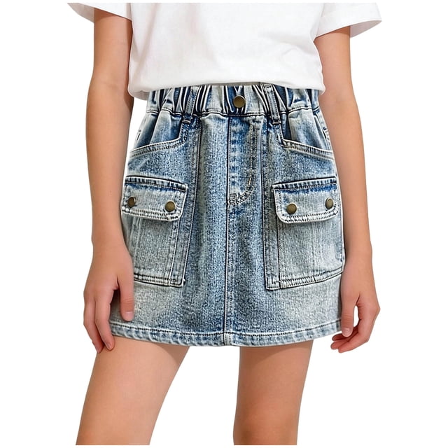 Shorts Falda-Jeans de Mezclilla para Niña Pequeña - Shorts de Mezclilla Elásticos con Cintura Elástica, Tipo Pull on, con Forro, Shorts Cargo de Mezclilla con Múltiples Bolsillos, Azul, 11 Años