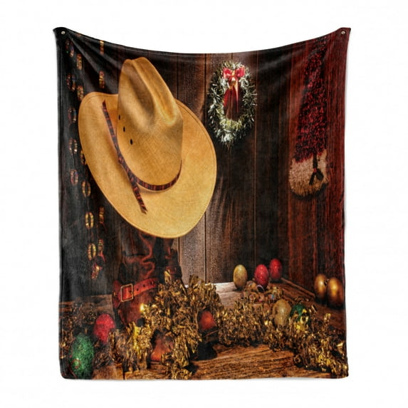 Western Soft Flannel Fleece Throw Blanket, Farmhouse with Christmas Celebrations with Wreath Americana Style Image Print, Cozy Plush for Indoor and Outdoor Use, 60" x 80", Cream Brown, by Ambesonne