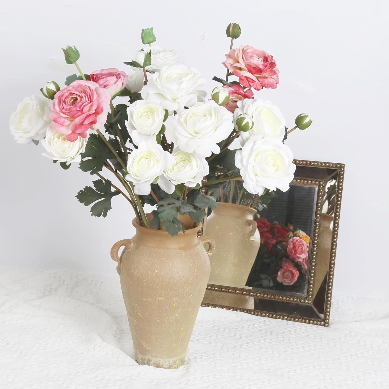 White Ranunculus Artificial Flower 5Heads '' Long Stems Silk Ranunculus Fake Peonies Artificial Flowers for DIY Wedding Bouquets Home Kitchen Decorations (White)