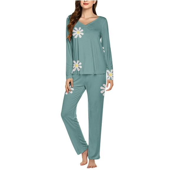 Riecok 2 Piece Pajama Set for Women V Neck PJ Set Long Sleeve Tops and Pants Cute Print Comfortable Soft Sleepwear