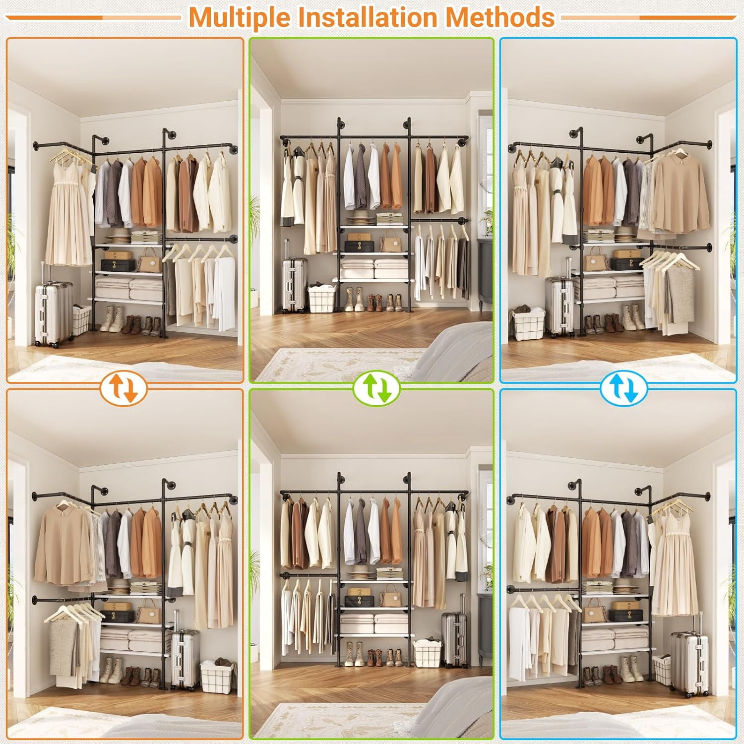 Homieasy Industrial Pipe Clothing Rack, Reversible 7.25FT Wall Mounted Clothes Rack, Heavy Duty Garment Racks Closet Wardrobe with LED Lights& Shelves, Walk-in Closet System, White