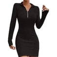 thumbnail image 2 of Swuxness Women Long Sleeve Knit Sweater Dresses, Women Mid Length Dresses, Women's Solid Color Zipper Collar Waist-Defining Fitted Knit Short Dress Black, M, 2 of 4