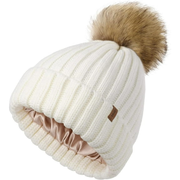 Womens Winter Beanie Hat Satin Lined Faux Fur Pom Pom Beanies Hat for Women Winter Warm Knit Hats