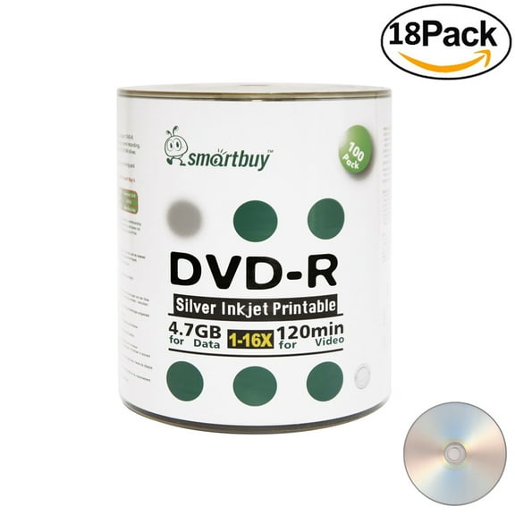 1800 Pack Smartbuy 16X DVD-R 4.7GB 120Min Silver Inkjet Hub Printable Data Blank Media Recordable Disc