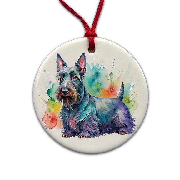 Scottish Terrier Dog Watercolor Style Christmas Tree Holiday Round Ceramic Ornament
