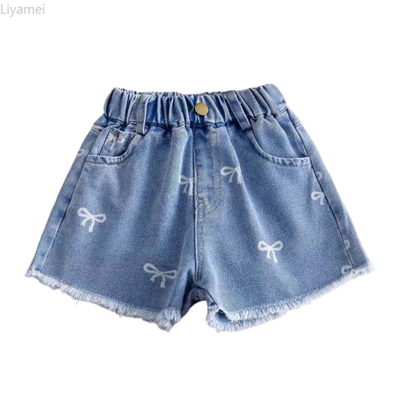 Liyamei Girls Bow Detail Denim Shorts with High Waist for Summer Size 2-12,Blue