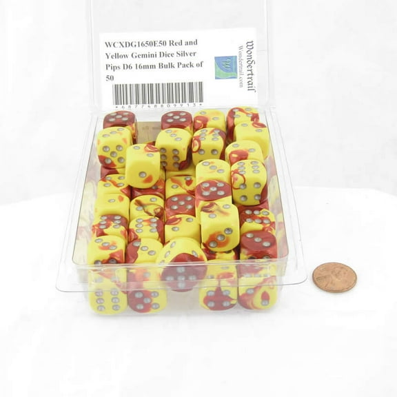 Red and Yellow Gemini Dice with Silver Pips D6 16mm (5/8in) Bulk Pack of 50 Wondertrail